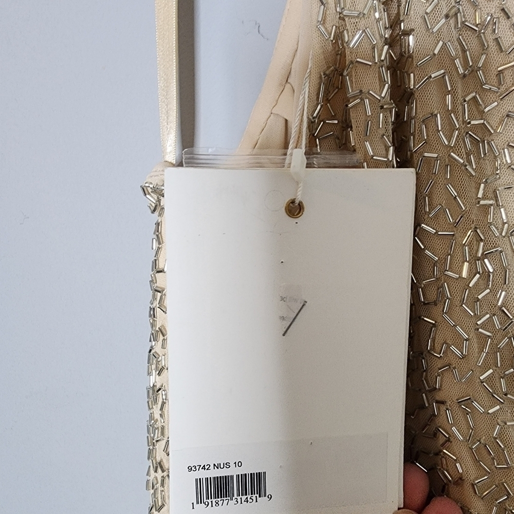 Mac Duggal BEADED SLEEVELESS HIGH NECK COLUMN GOWN size 10  Nude Silver - Picture 10 of 15